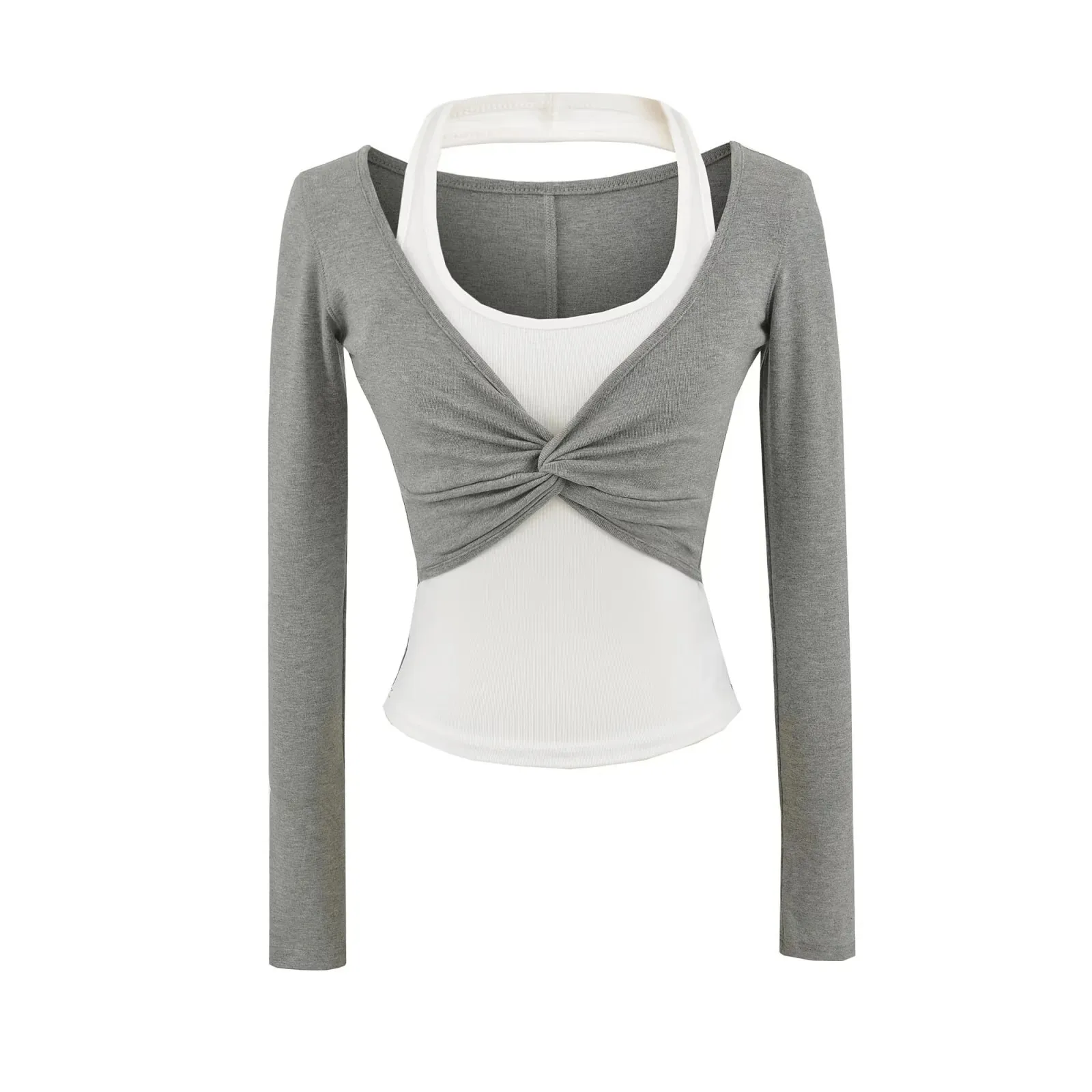 新しいセクシーなホットガール純粋な欲望スタイルカラーブロックフェイクツーピースストレッチタイトベースTシャツショートトップ長袖ホルタートップ6K4Y