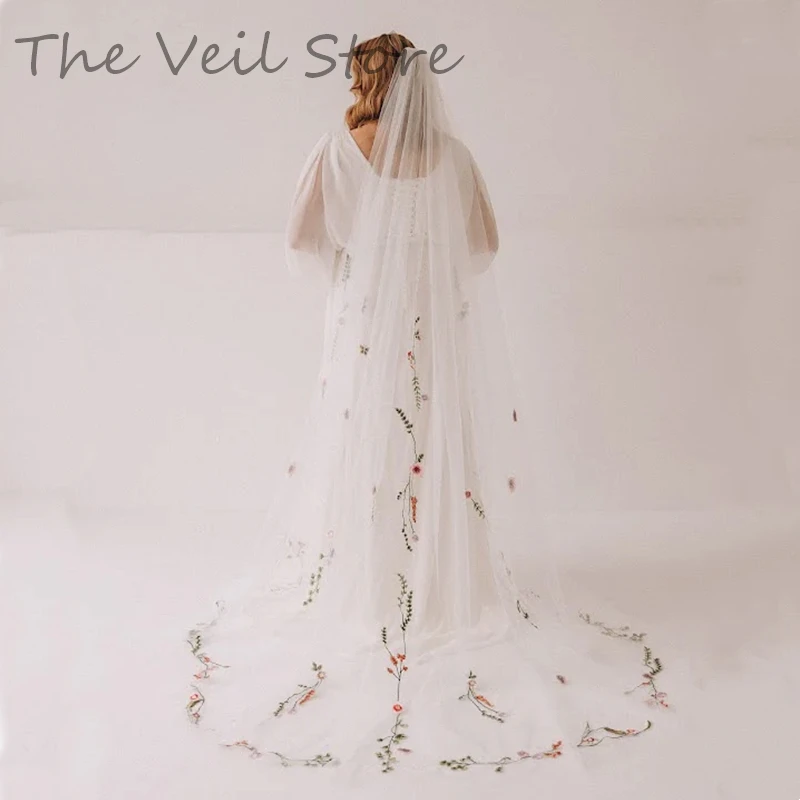 Embroidered Wild Flowers Secret Garden Floral Bridal Wedding Veils Cathedral Long With Comb White Ivory Tulle Red Green Leaves