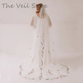 Fleurs sauvages brodées pour jardin secret, voiles de mariage pour patients, long voile cathédrale avec peigne, tulle blanc ivoire, feuilles rouges et vertes