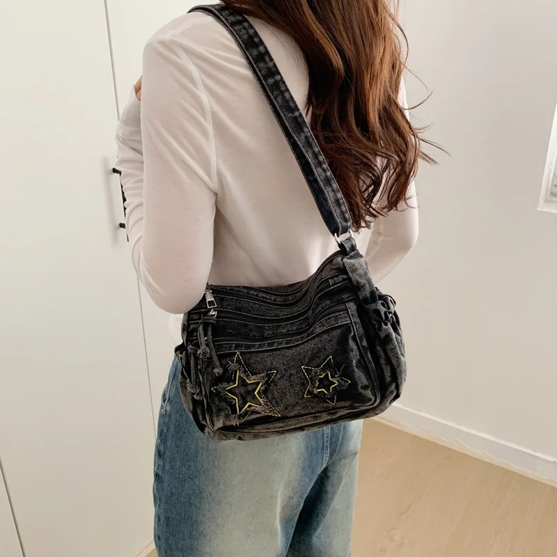 Fashion Crossbody Bags for Women Stylish Denim Casual and Simple Shoulder Bag with Stars Lightweight Versatile Commuting Bag