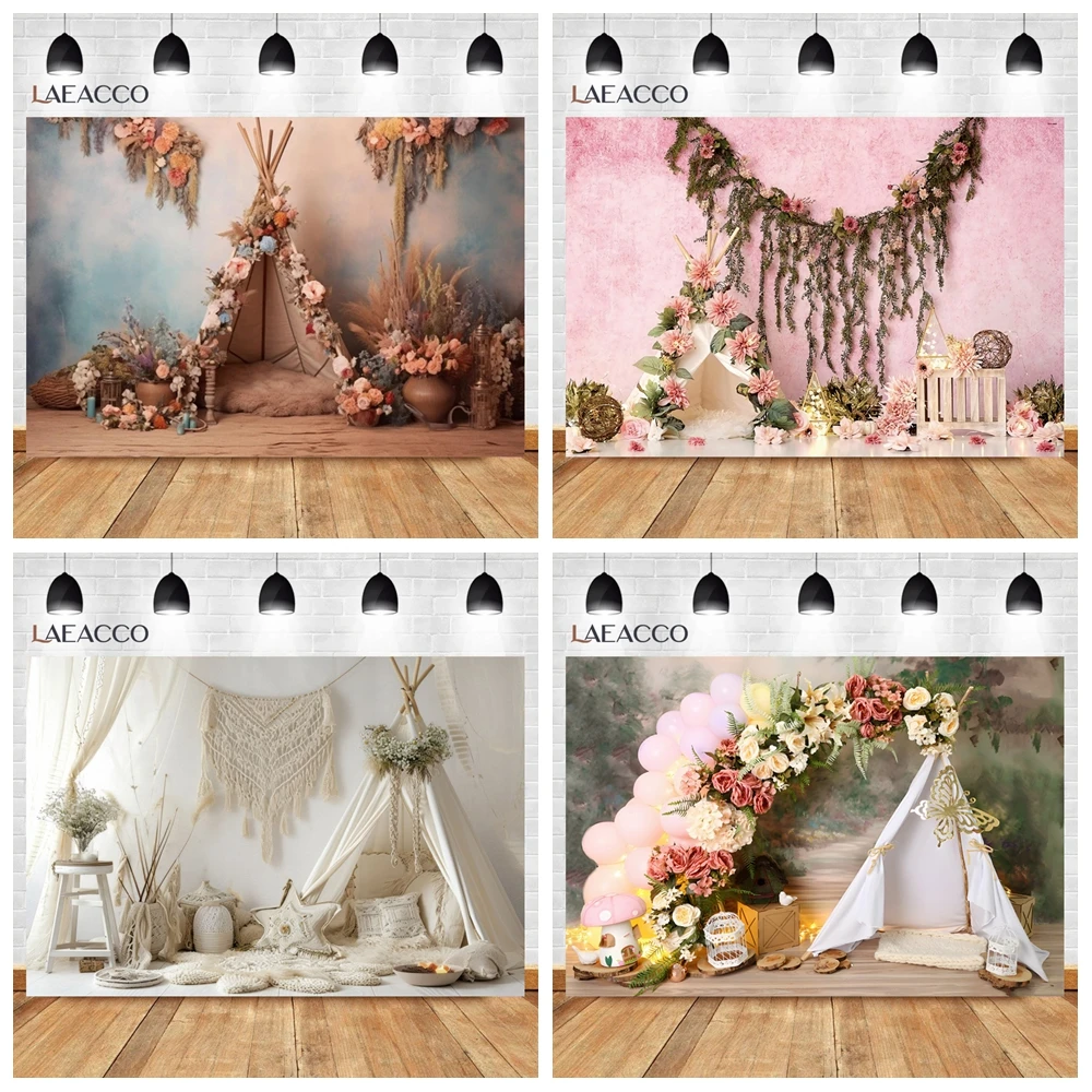 Bohemia Flowers Camping Tent Background Girls Birthday Baby Shower Cake Smash Balloons Decor Child Portrait Photography Backdrop