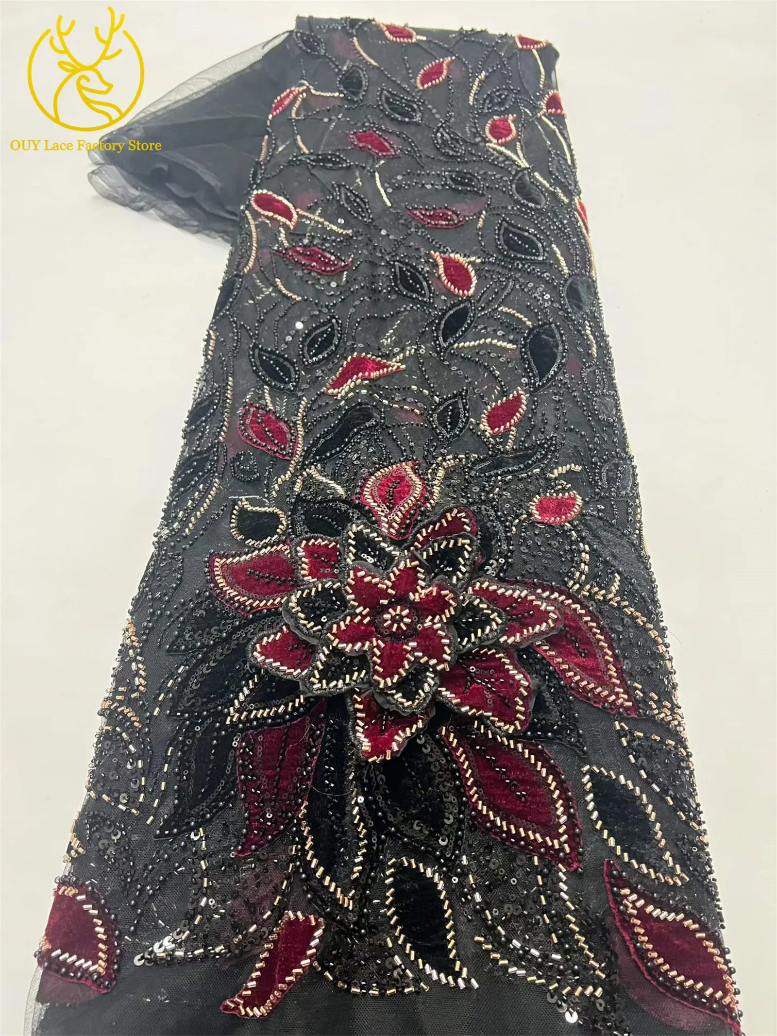 3D-Blumen handgefertigter Perlen-Spitzenstoff, afrikanischer Spitzenstoff, exquisiter nigerianischer Pailletten-Tüll-Spitzenstoff für Hochzeitskleider zum Nähen – Detail 16