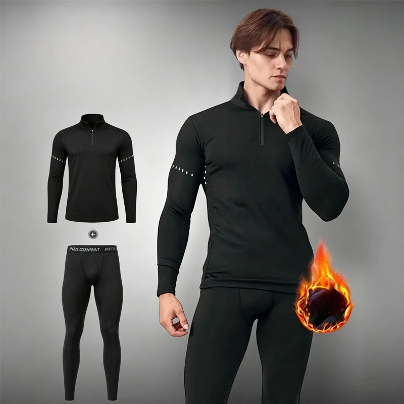 Tight Fitting Men's Fleece Thin Warm Underwear Winter Fitness Running Set Fashionable Comfortable Sports Quick Drying Training