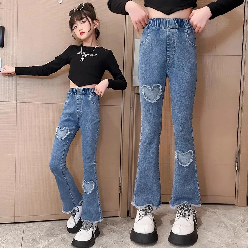 

New Fashion Teenage Girls Jeans Pants Bead Lace Denim Girl Trousers Children's Stretch Waist Solid Pants Casual Bell-bottoms