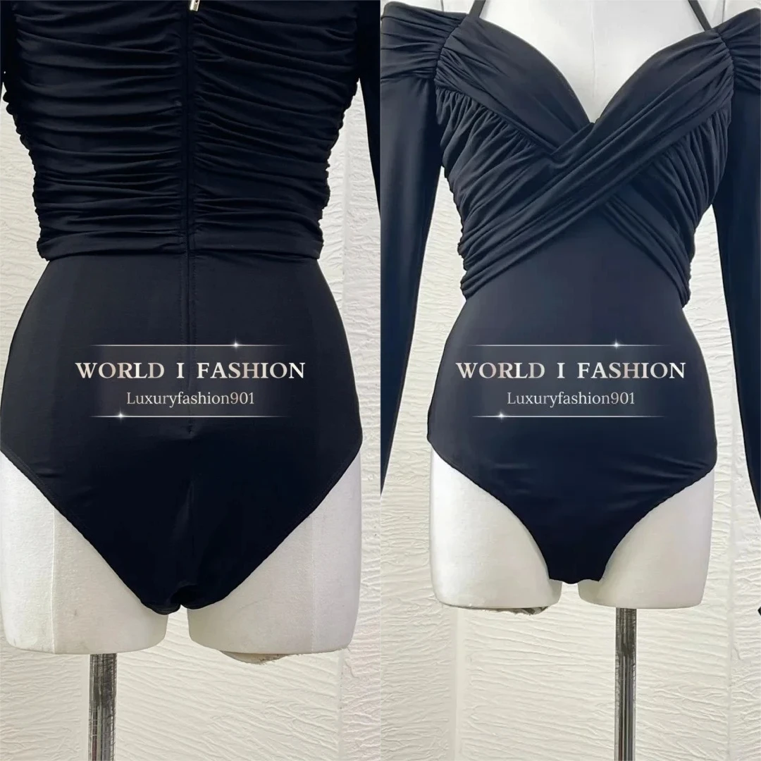 

High Quality Black Long Sleeve Halter Off The Shoulder Pleat Cut Out Waist Bodysuit