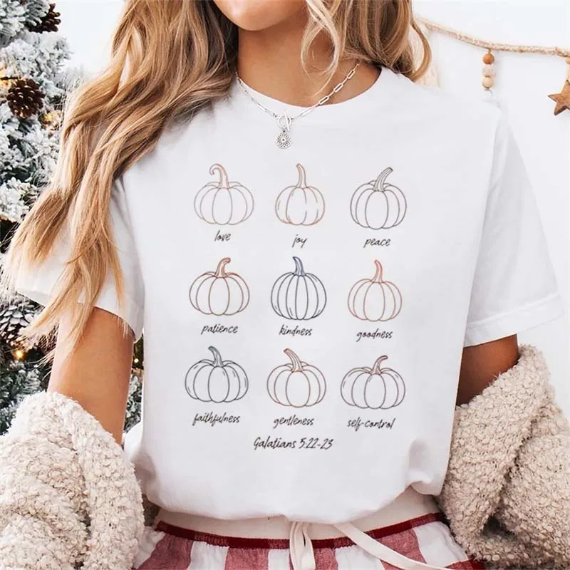 Pumpkin Line Art Christian T-Shirt Women's Aesthetic T-Shirt Fall Basic Top White Short Sleeve Graphic Women's Trendy T-Shirt
