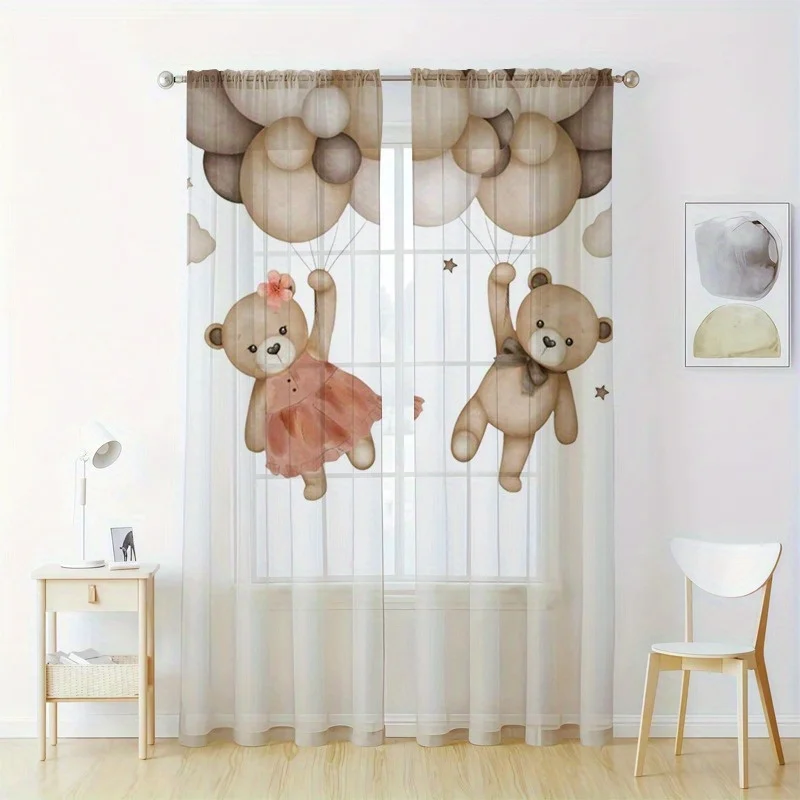 2pc dreamy teddy bear balloon window curtain with flying bears and soft pastel colors for kids room decor whimsical style