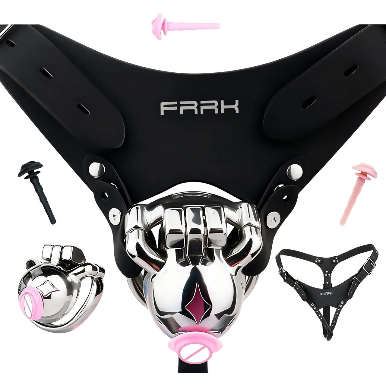 FRRK Sissies Male Chastity Cage Adjustable Restraint Belt with Removable Silicone Urethral Catheter for SM Activities For Men