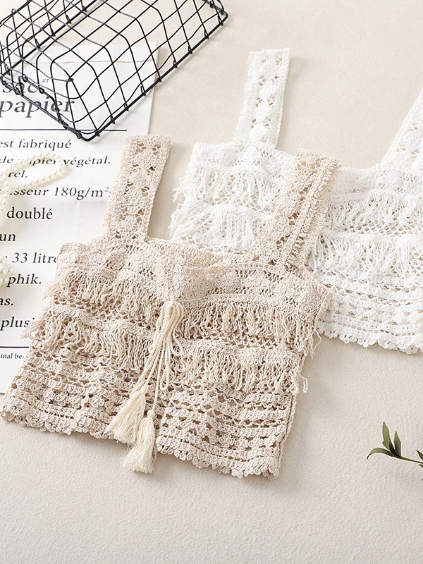 

Vacation Style Hollow out Women's Top Knot Tie Sleeveless Short Knitted Sweater Casual Fashion Thai Girl Hot Summer Top