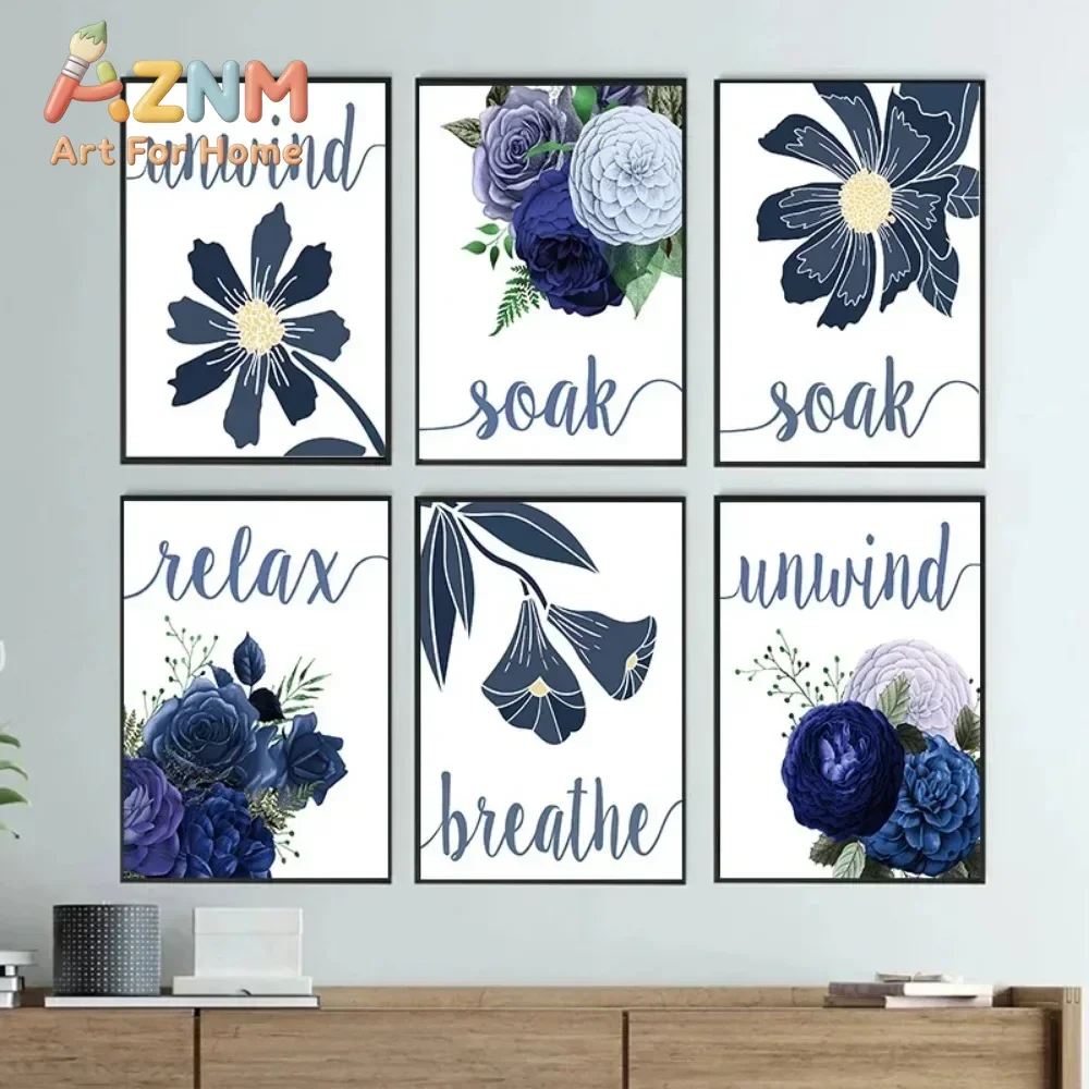 AZNM Navy Blue Floral Canvas Wall Art Relax Breathe Unwind Soak Inspirational Quote Frameless Print Bathroom Home Decor