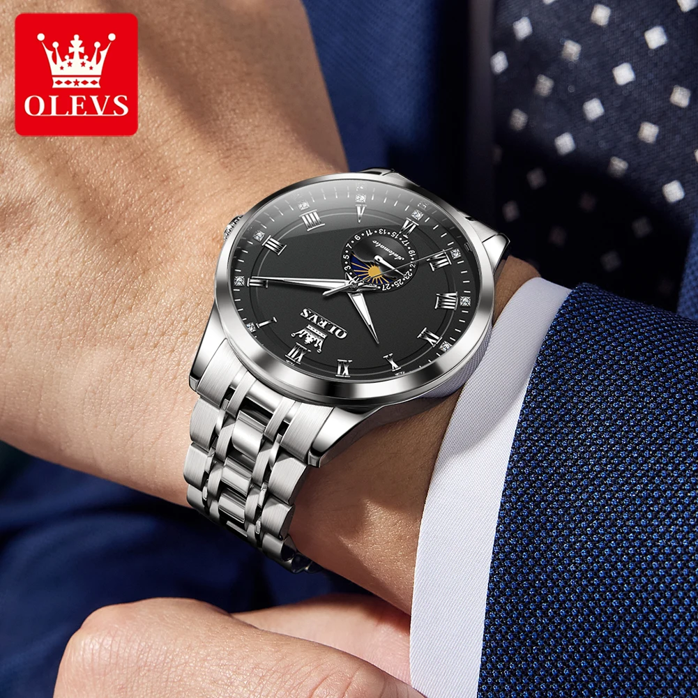 OLEVS 7063 القمر المرحلة التلقائي الميكانيكية ساعات رجالية الفولاذ المقاوم للصدأ 30 متر مقاوم للماء ساعة مضيئة الأصلي الفاخرة رجل ساعة #3