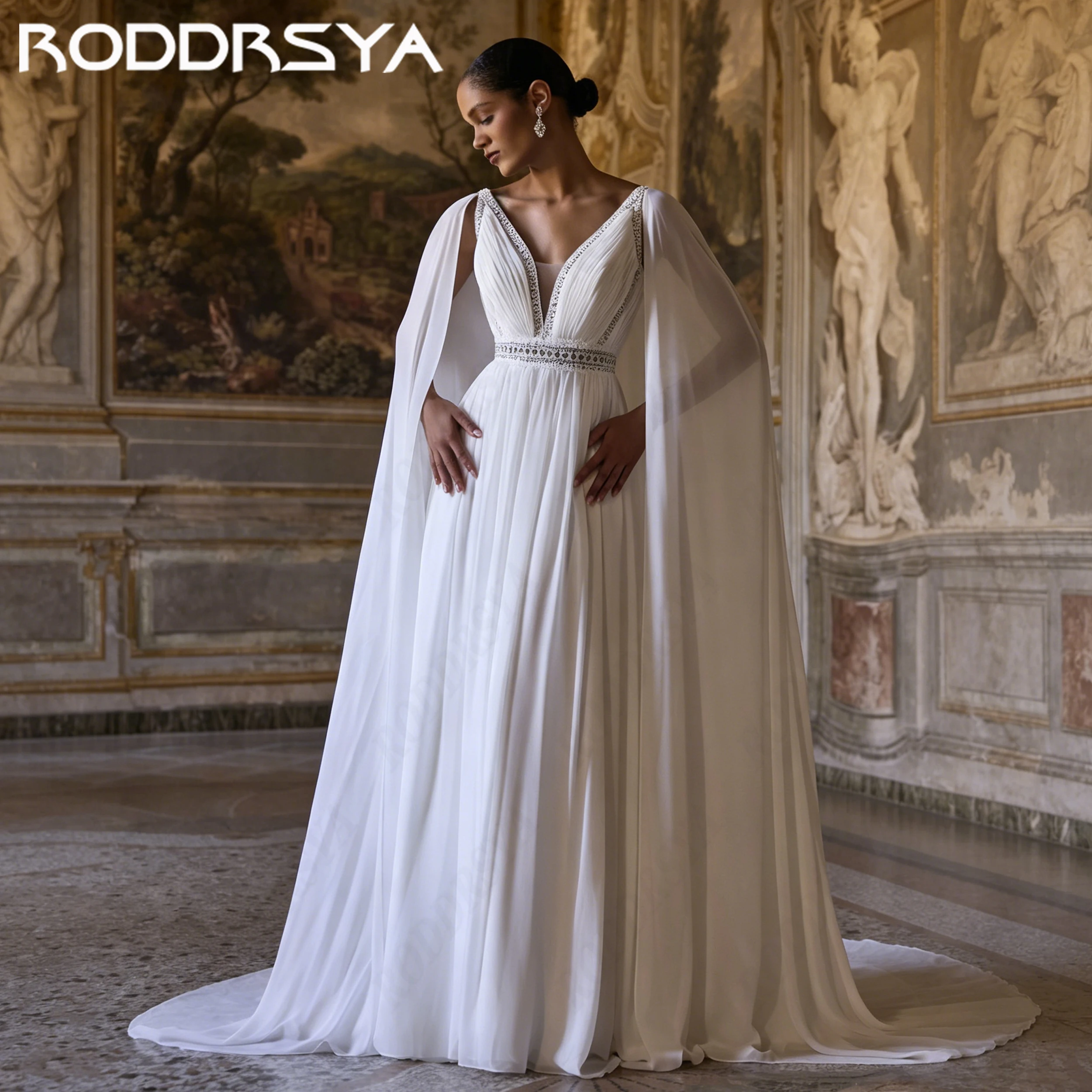 RODDRSYA Cape Sleeves Long Wedding Dress V Neck  Pleated Chiffon Bridal Dresses For Women Customized robe de soirée mariage