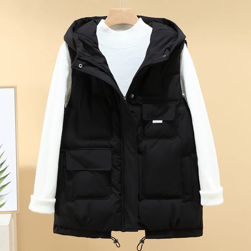 Hooded vest women fashion Korean vest student cotton sleeveless jacket waistcoat solid color winter ladies wear jacket