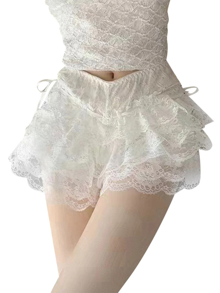 Women s Summer Fashion Lace Shorts Elastic Band Layered Ruffle Bow Decor Beach Shorts