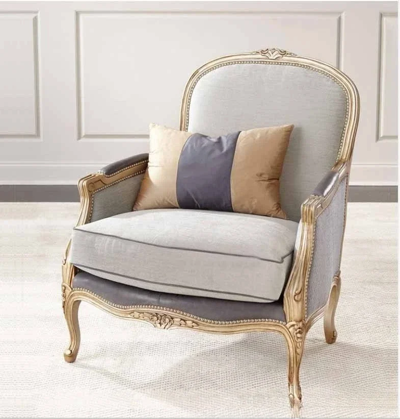 American solid wood carving flower single sofa, living room oak retro fabric casual sofa chair