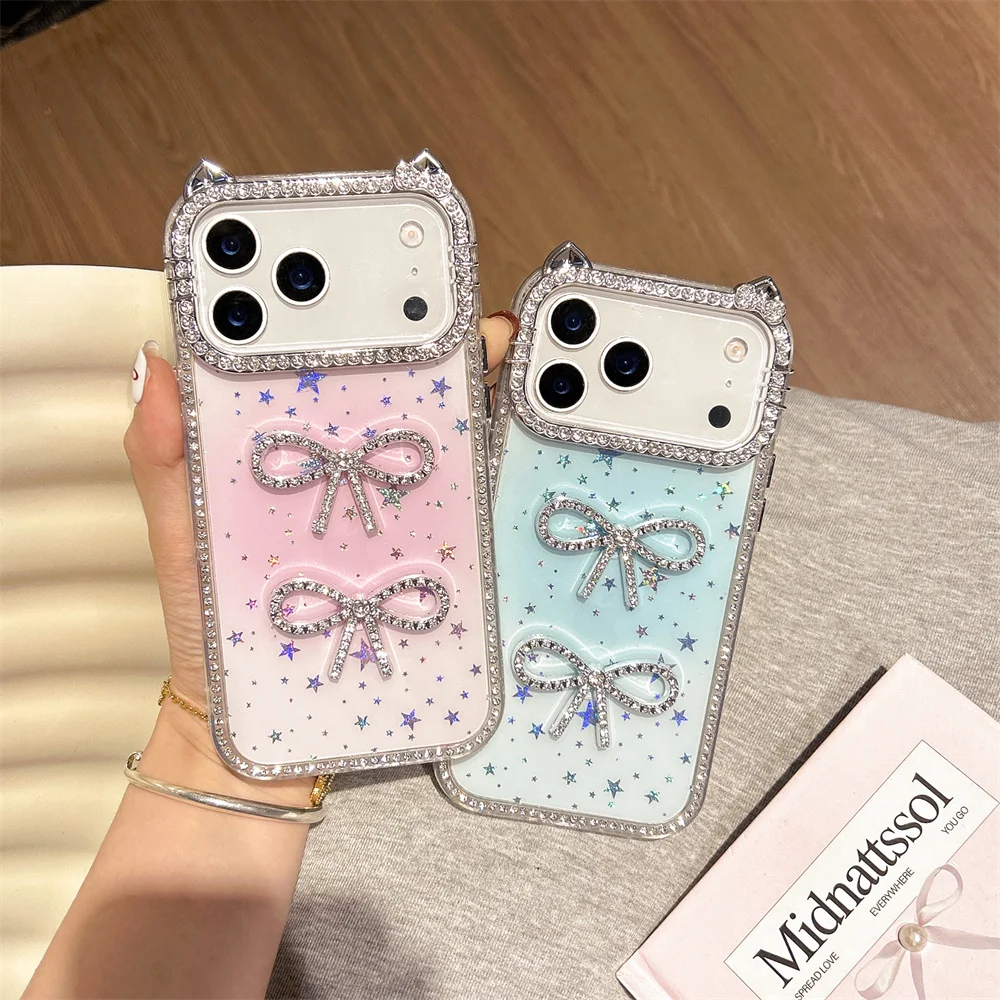

Chic Double-Sided Rhinestone Kitty Cat Ear Bow Phone Case for iPhone 17 Pro Max Cover Gradient Clear for iPhone 16 15 14 13 Pro