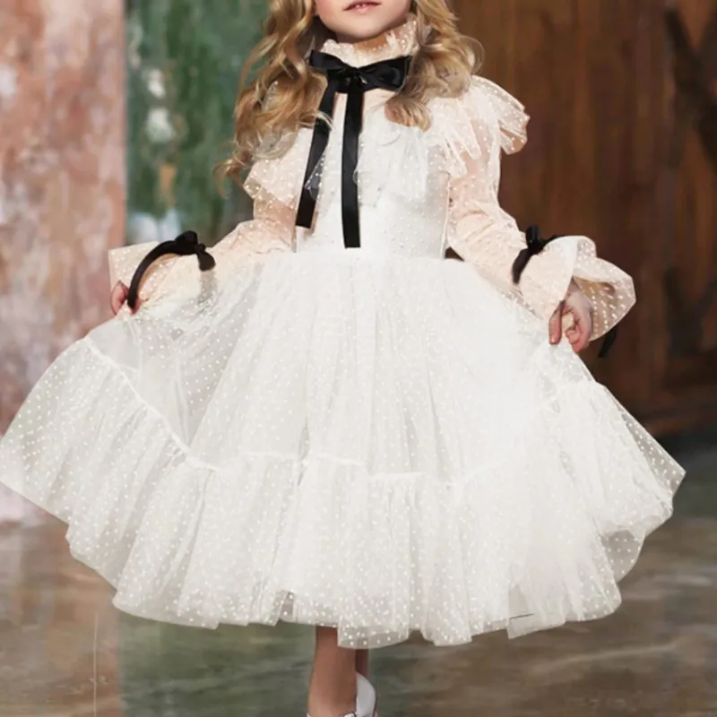 Baby Girl Princess Bow Tutu Dress Long Sleeve Toddler Child Dot Tulle Dance Vestido Birthday Wedding Party Baby Clothes 2-13Y