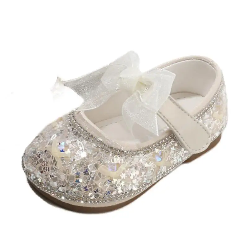 Brand Kids Girls Bling Dress Shoes,Beige Silver Pink Lace Bowtie-knot Toddler Spring Flats Shoes Little Princess Birthday Walker