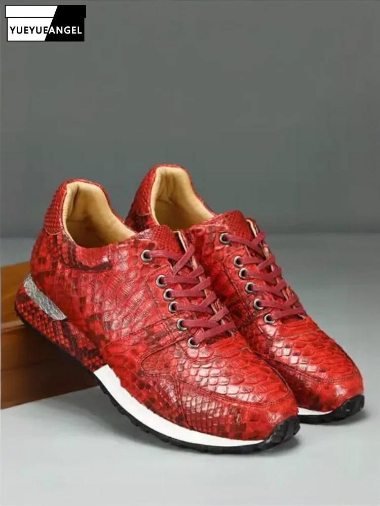 

Concise Solid Color Snakeskin Lace-Up Casual Shoes Round Toe Platform Height Increase Fashion Male Genuine Leather Footwear