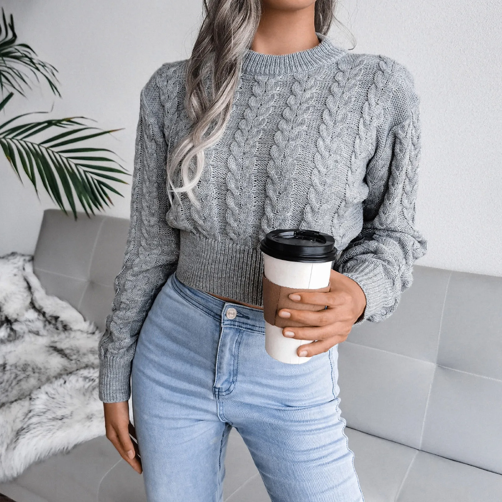 Women\'s Long Sleeve Solid Colour O Neck Sweater Jacket Fashion Casual Loose Chunky Knit Autumn and Winter Pullover Tunic