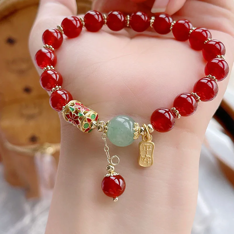 Ruifan Cloisonne Prayer Wheel Lucky Charm 8mm Natural Red Agate Beaded Stretch Bracelets for Women Female Fine Jewelry YBR743