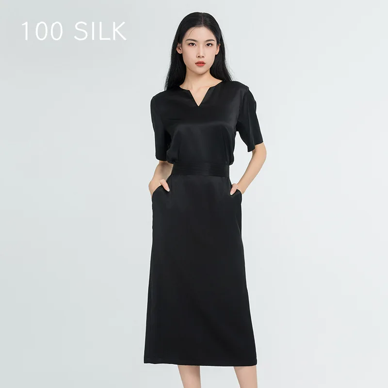 100% Mulberry Silk Women's Two-piece Suit T-Shirt And Bodycon A-line Skirt Summer Casual Style Set V Neck Top Long Skirt Sets