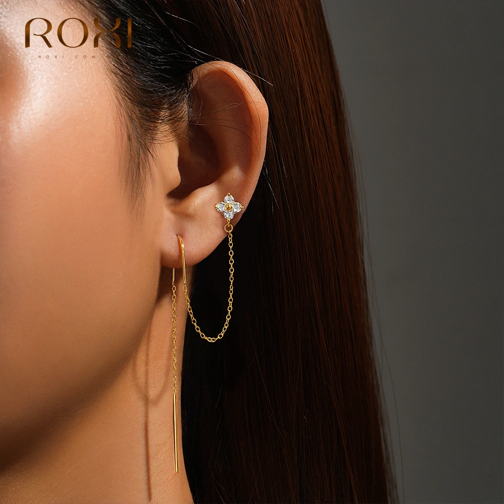 

ROXI Long Chain Flower Star Zircon Stud Earrings For Women Tassel Chain 925 Sterling Silver Gold Earrings Jewelry Pendientes