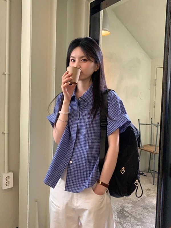 

Свободная повседневная женская рубашка с коротким рукавом в синюю клетку, летняя новинка в гонконгском стиле, топ в корейском стиле из льняной ткани с воротником