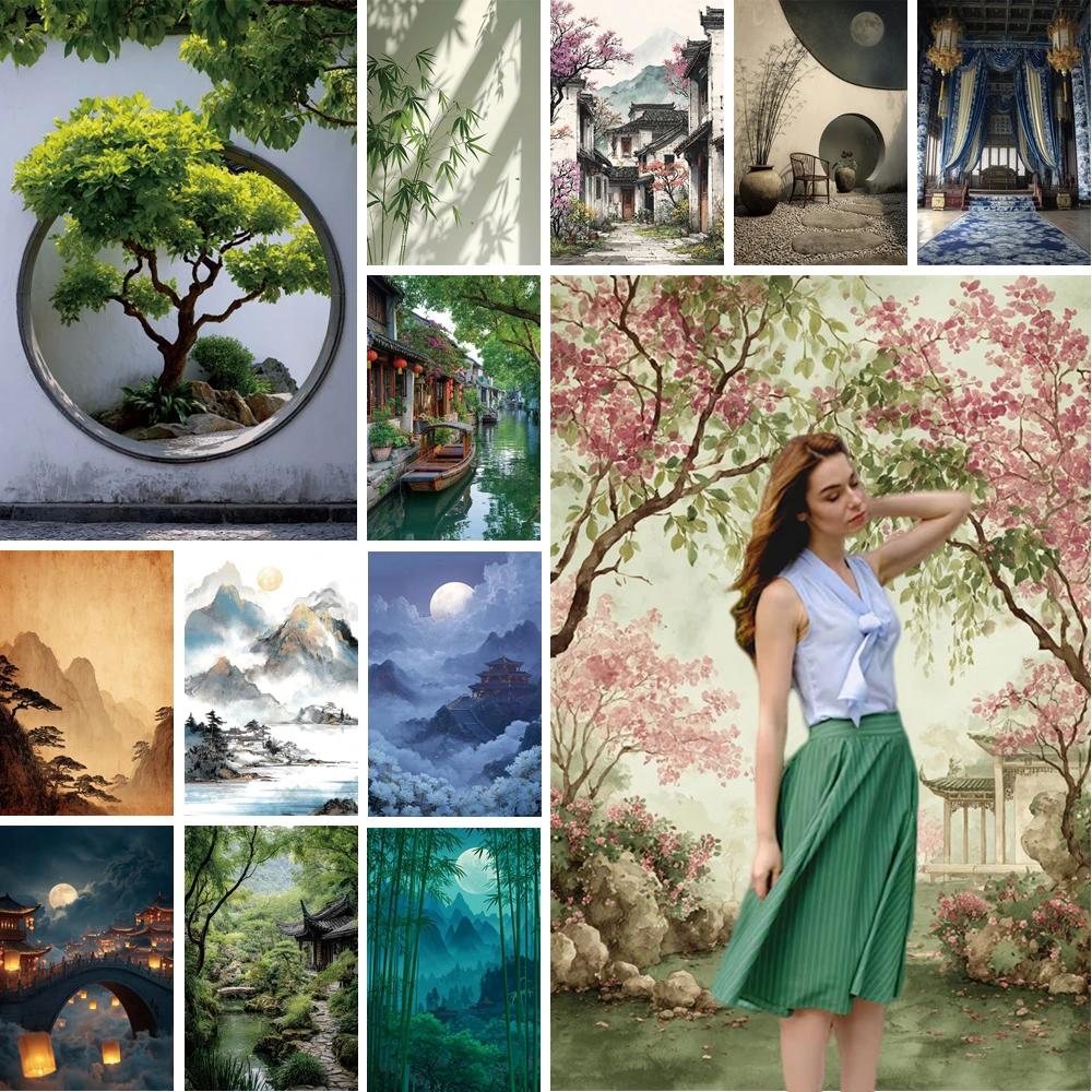 

MOON.QG Chinese Landscape Backdrop Window Lotus Mountain Background Birthday Decoration Photography Accessories Party Supplies
