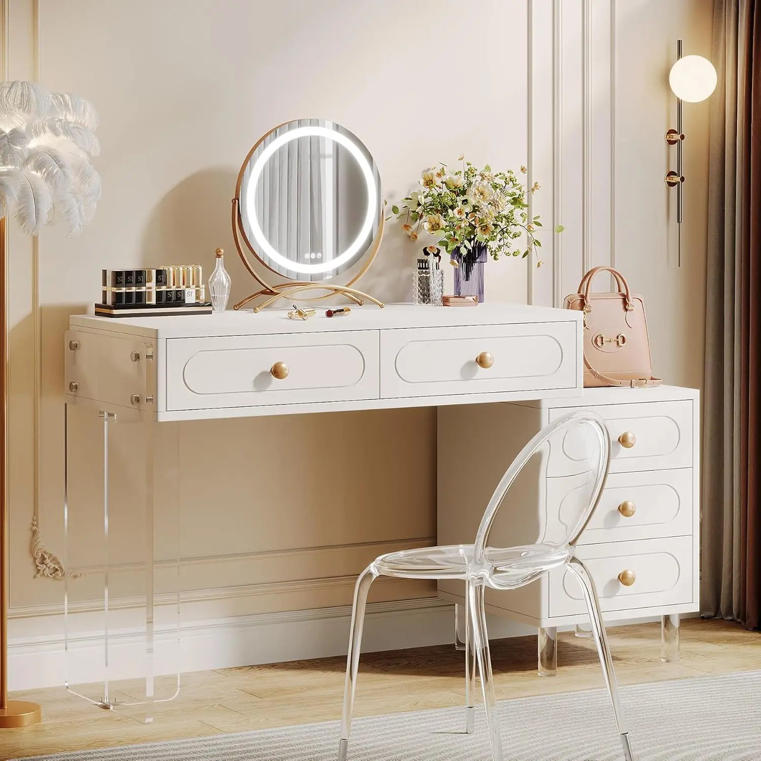 Tribesigns Modern Vanity Desk With 5 Drawers, Extendable White Makeup Vanity With Acrylic Base And Legs, Small Dressing Table