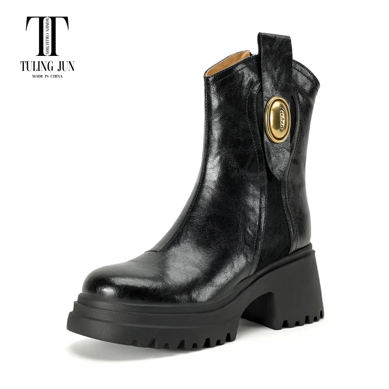 

TULING JUN Winter 2024 Woman Round Toe Solid Color Zip Ankle Boots High Heels Shearling Shoes For Female Classic T-1681053