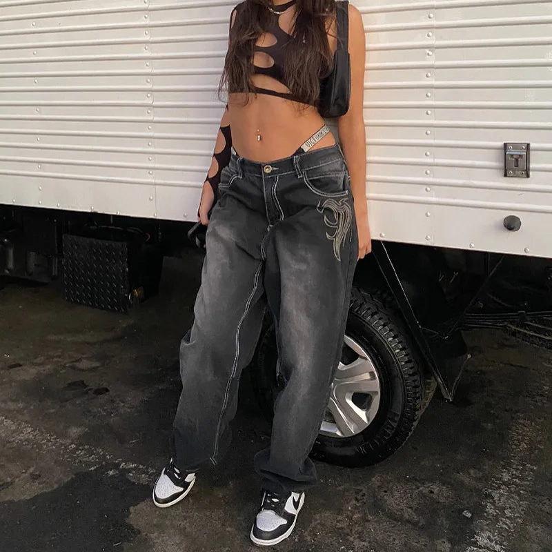Women Jeans Straight Pants Print High Street Pockets Loose Fit Low Waist Washing Zipper Fly Flat Ankle Length Denim 2024