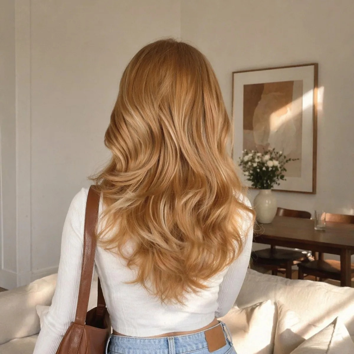 Women's Honey Caramel Gold Brown Long Fluffy Layered Wave Synthetic Wig, Face Modified Bangs, Heat Resistant Synthetic Fiber,
