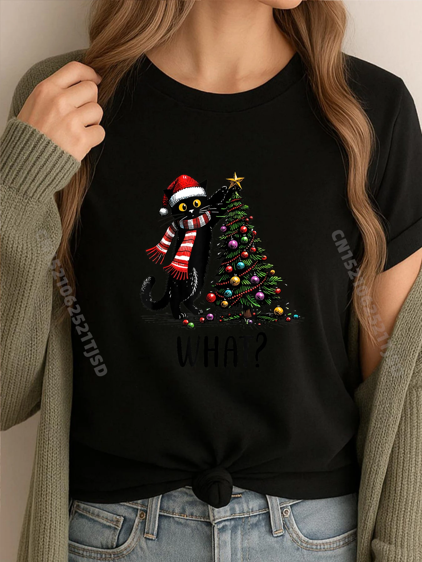 

What Black Cat Santa Pushing Christmas Tree Cat Lover Роскошная дизайнерская модная и модная футболка стираная