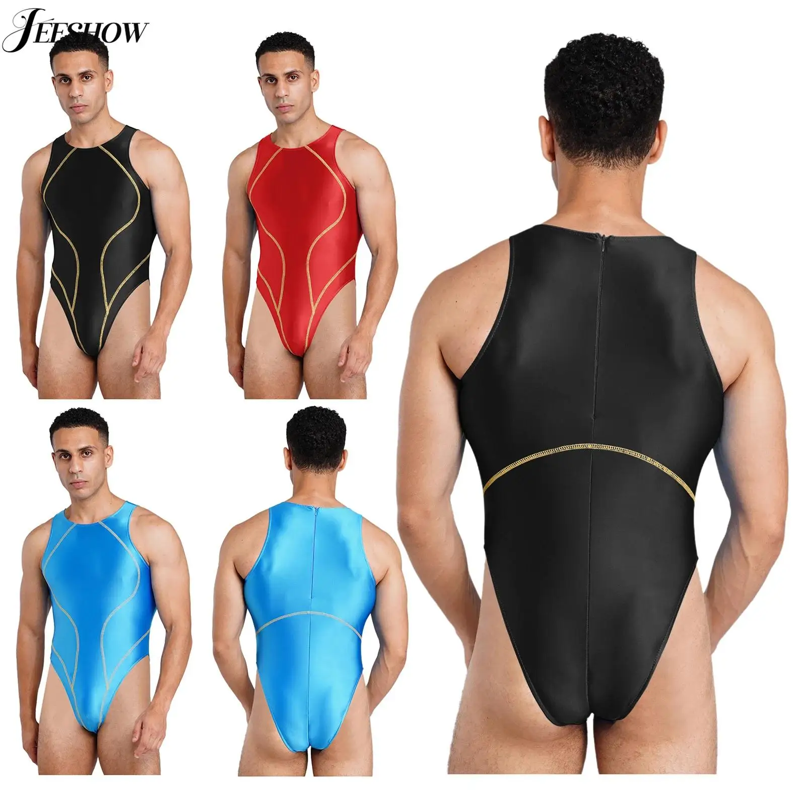 Mens One Piece Swimsuit Glossy Stretchy Sleeveless High Cut Bathing Suit Contrast Color Seams Swimming Costume Surfing Beachwear