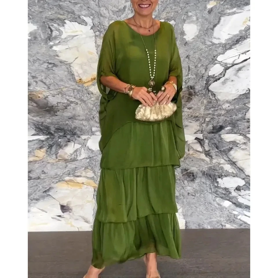 

Fashion O-Neck Solid Office Long Dress Elegant Casual Layered Ruffle Party Dress Bat Sleeve Chiffon Beach Vacation Dress