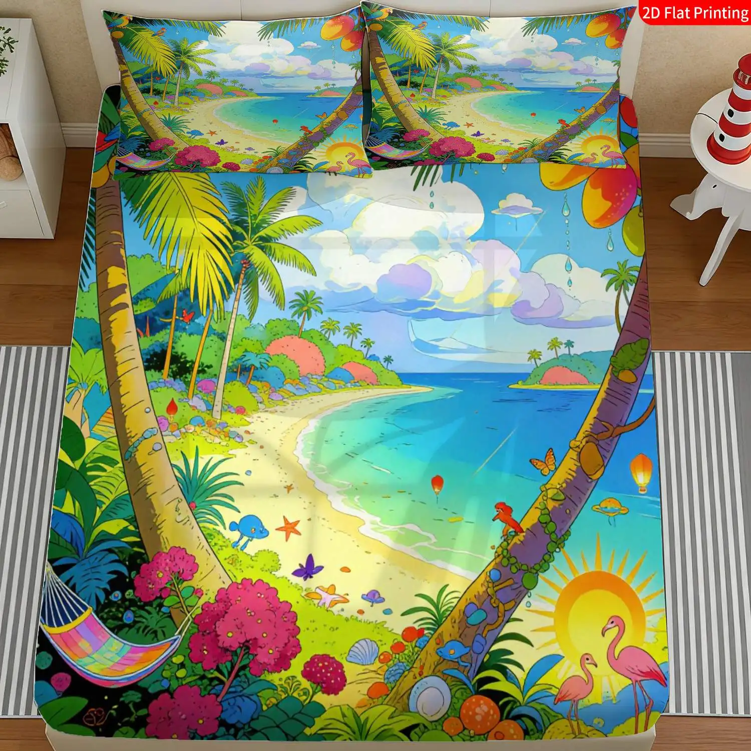 Tropical Paradise Style, Exotic Beach-Themed Bedding, Vibrant Multi-Color, Palm Tree, Parrot, Flamingo Print, Summer Vacation 2D Printed Bedding Set, Mattress Protector, Fitted Sheet, Elastic Style, Protective Cover, 2D Flat Printing, Mattress Protector, Cake and Cookie Design, Suitable for All Seasons, Machine Washable Design, Holiday Decoration, Various Sizes, Breathable Protective Cover Plus Pillowcase