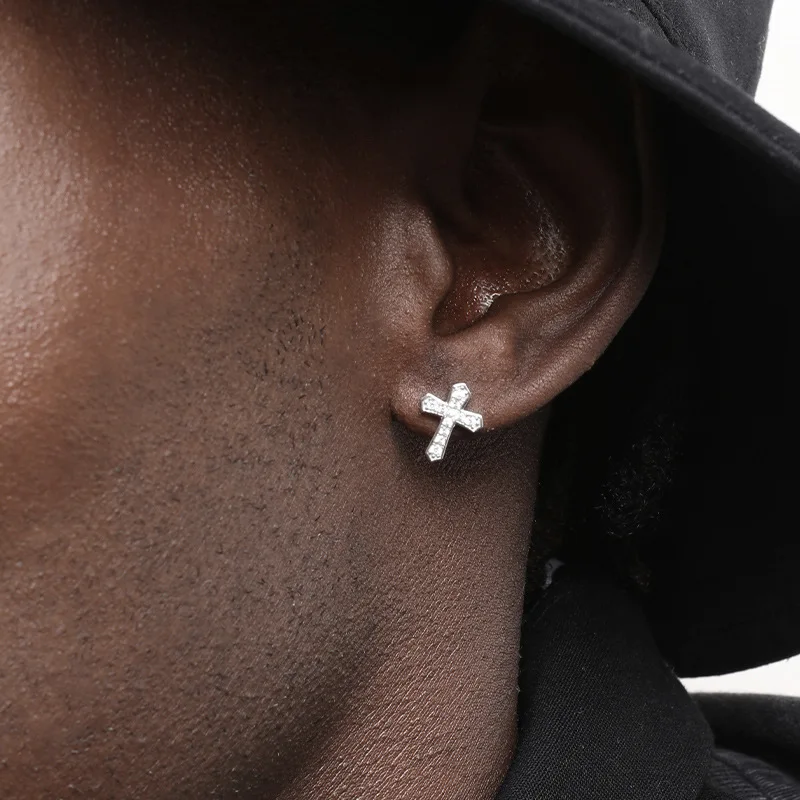 Fashion Personality 925 Sterling Silver Inlaid Tiny Zircon Cross Stud Earrings for Man Hip-hop Jewelry Street Dance Accessories