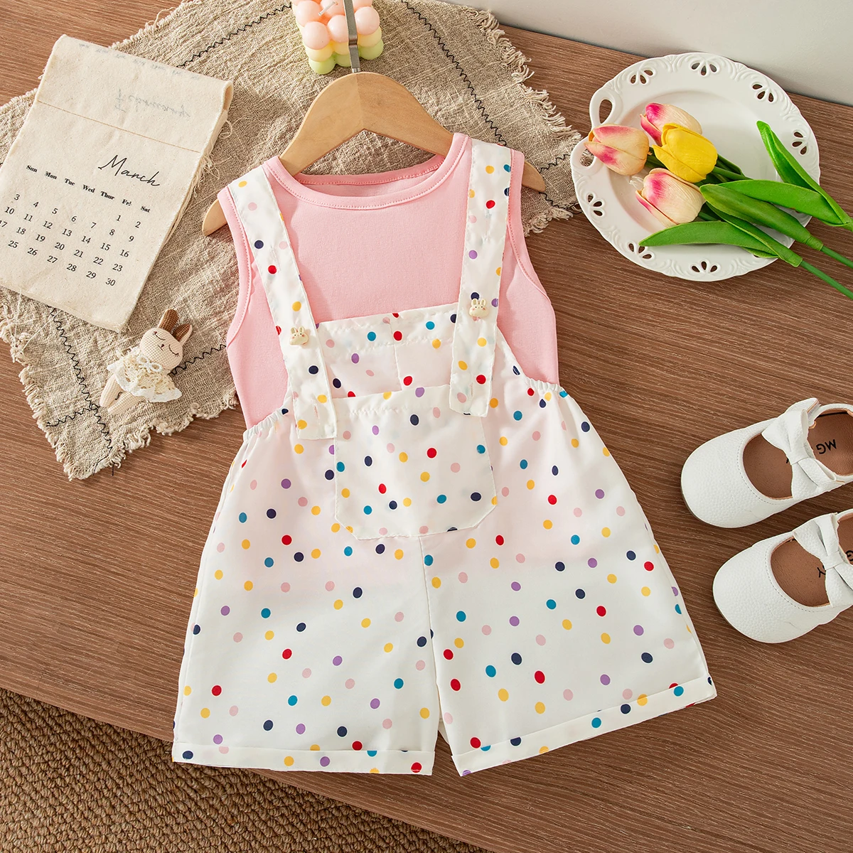 

2Pc/Set Baby Girl Set Summer Cotton Polka Dot Back Cartoon Ear Top Pants Girl Sets Cute Beach Baby Girl Clothing