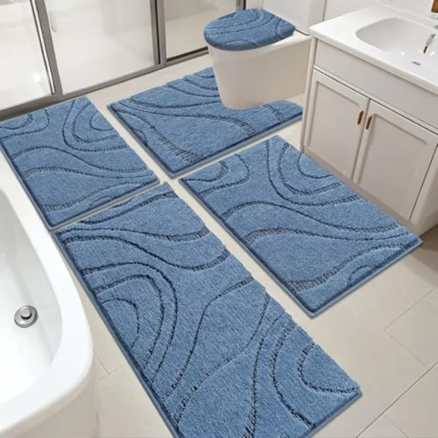 

HEBE Bathroom Rugs Sets 5 Pcs Soft Absorbent Microfiber Bath Mat for Bathroom Non Slip Washable Bath Rug Set with Toilet Cover