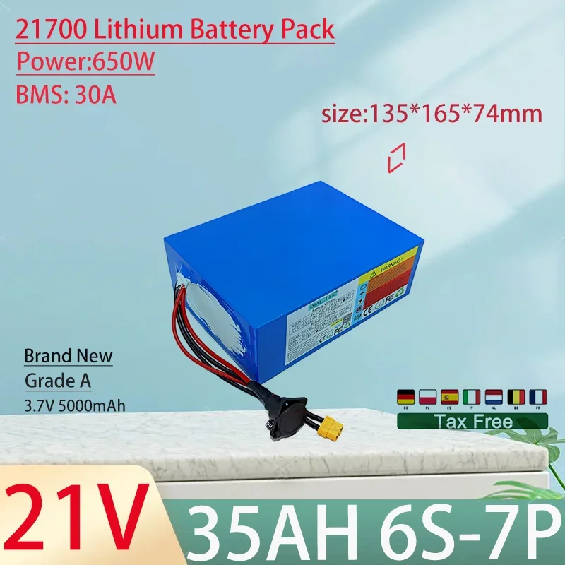 21V 35Ah 21700 6S7P Lithium Ion Battery Pack 650W Power Tool Batteries Outdoor Backup Batteries With 30A BMS+25.2V 5A charger