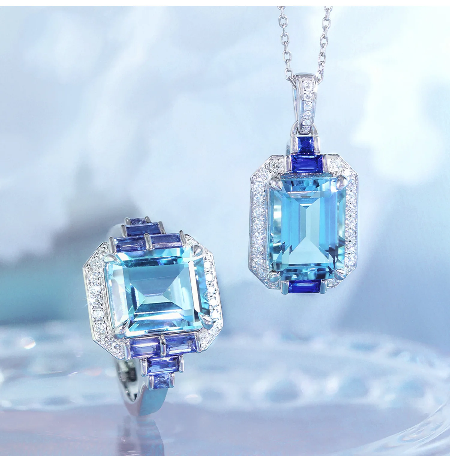 Exquisite Simulation Aquamarine Two-Piece Rings Pendant Necklaces For Women Engagement Bridal Gift Jewelry Sets For Women