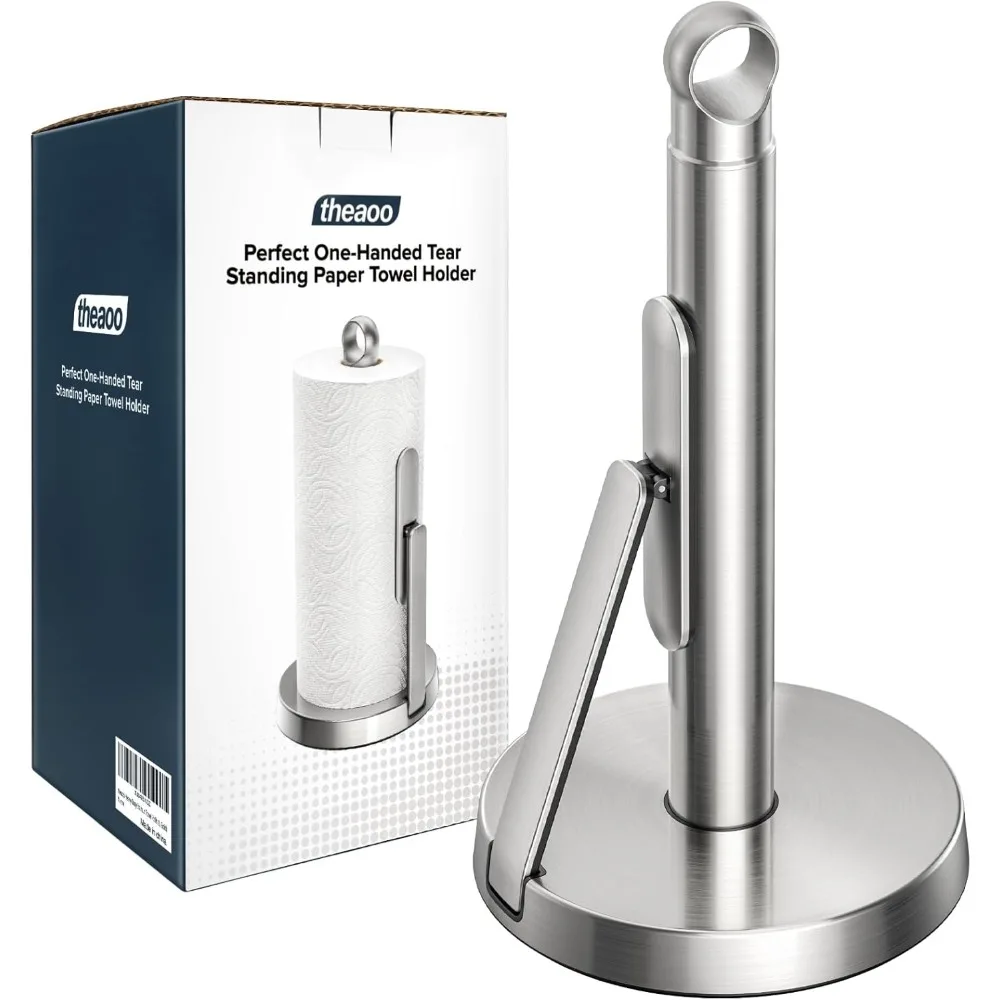 

Stainless Steel Paper Towel Holder with Tension Arm - One-Handed Tear, Stable Base for Kitchen Countertop