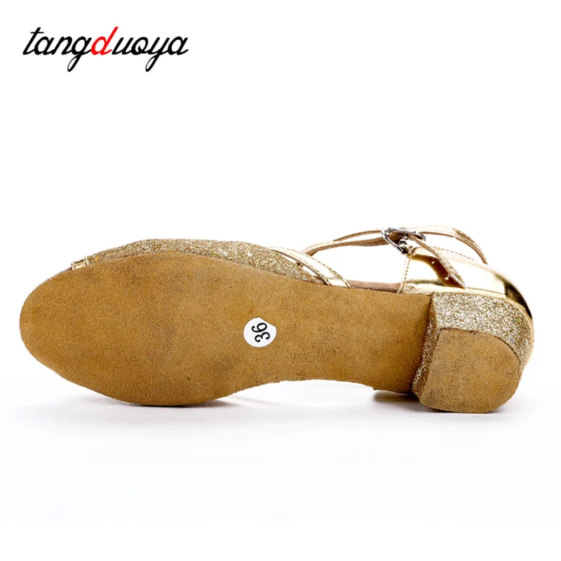 Zapatos de baile de salón con purpurina para niños y niñas, Sandalias de tacón bajo con lentejuelas, Tango, Salsa latina, Princesa, recién llegados