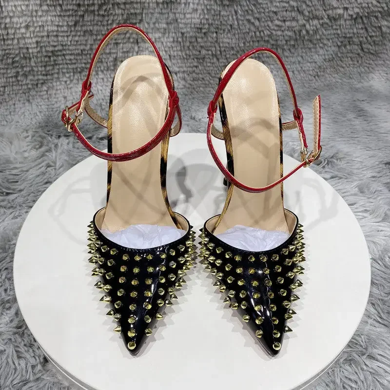 New Women's Shoes Summer One Button Sandals Riveted High Heels 12CM Pointed Fine Heels Sexy Versatile Single Shoes