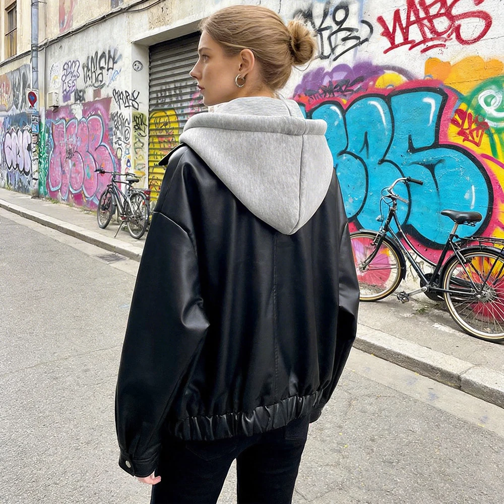 

Women's Leather Jacket Hooded Artificial Leather Jacket Clothes Lady Woman 2026 New Collection Korean Popular Fake Leather Coat