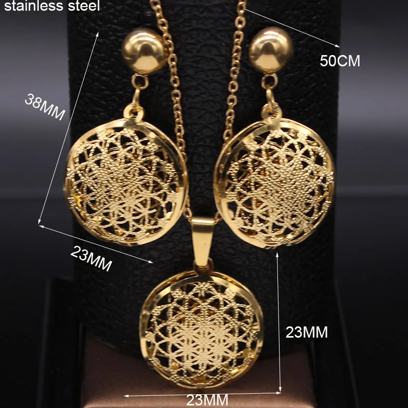 Flower of Life Stainless Steel Jewelry Set Women Hollow Gold Color Necklace Earrings Set Jewelry parure acier inoxydable femme