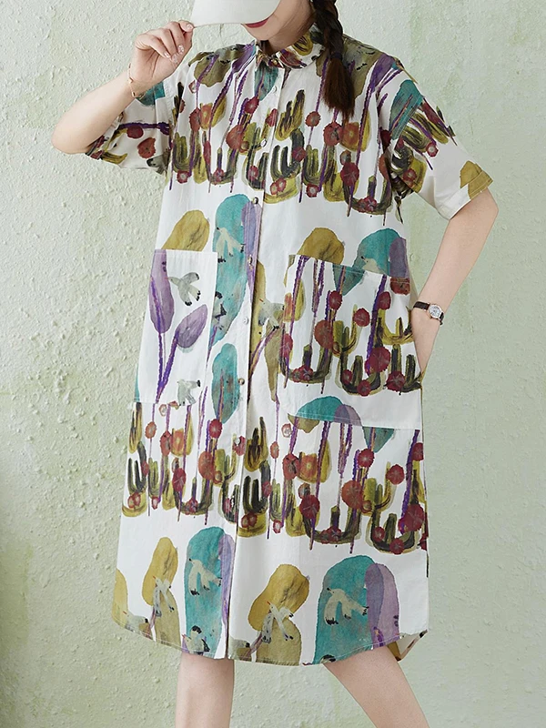 

Slimming Long Shirt Dress Women's Hong Kong Style Loose Fit Short Sleeve Printed Cotton Polyester Blend Summer Fashionable