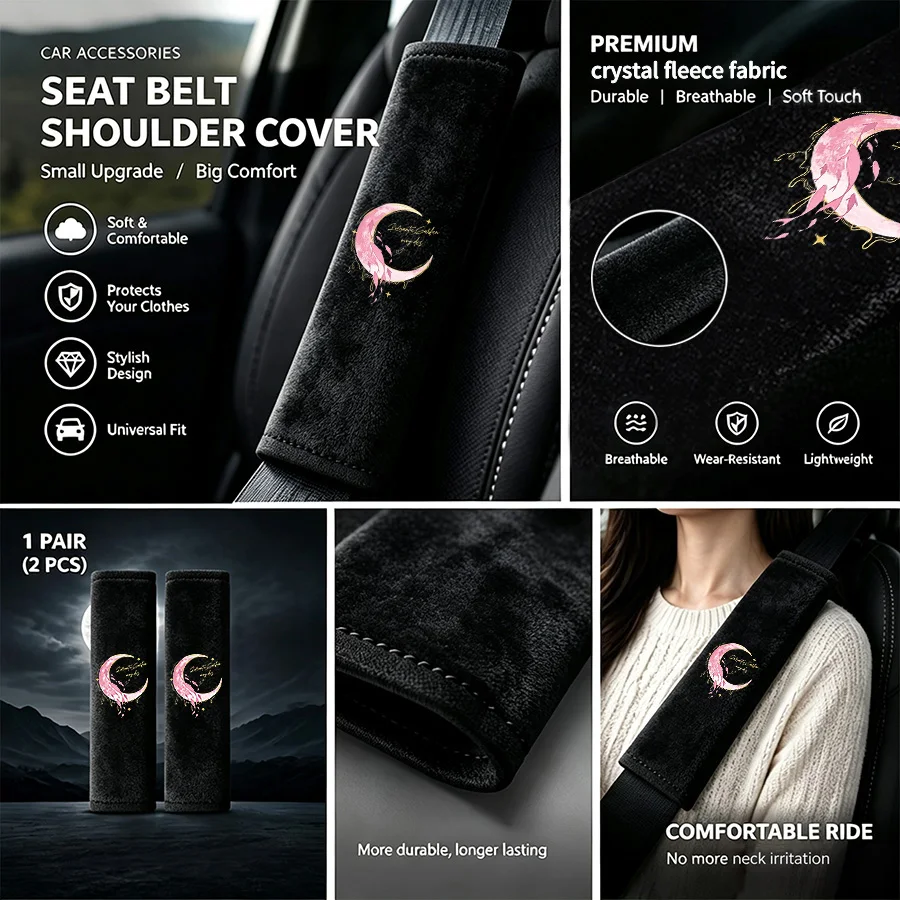 2pcs car seat belt cover, crystal velvet pink moon pattern shoulder guard, soft and comfortable, car interior accessories
