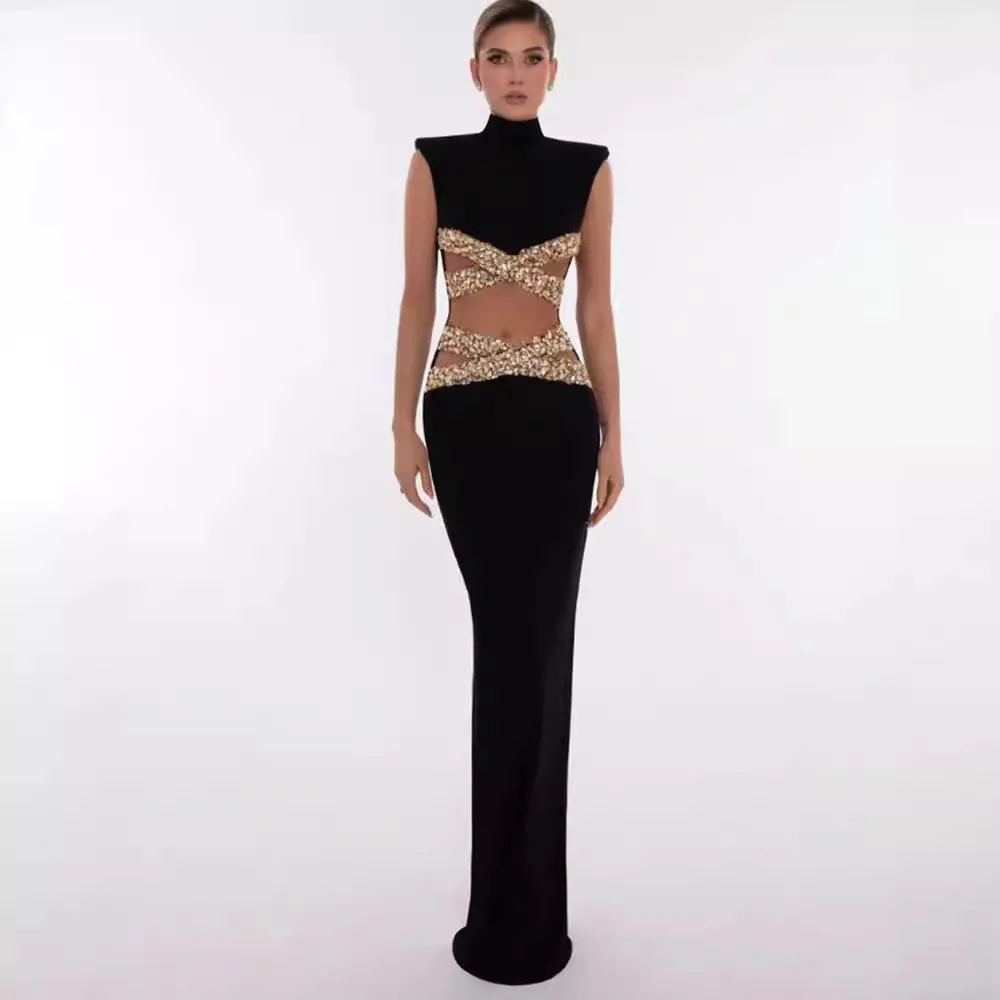 Black Crystals Women Prom Dress With Sexy Hollow Sleeveless Backless Bandage Party Gown Formal Red Carpet Skirt Long Robes